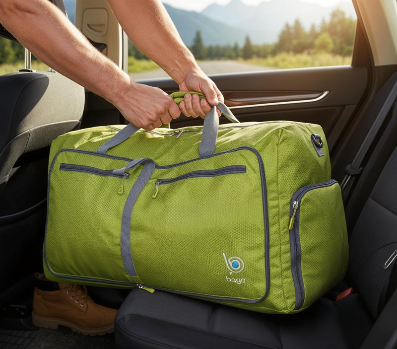 Bago Large Foldable Duffel Bags for Traveling Women & Men - 80L Packable Duffle Bag for Travel with Shoe Compartment - Water Repellant, Heavy Duty, Lightweight Folding & Collapsible (Green) - Image 4